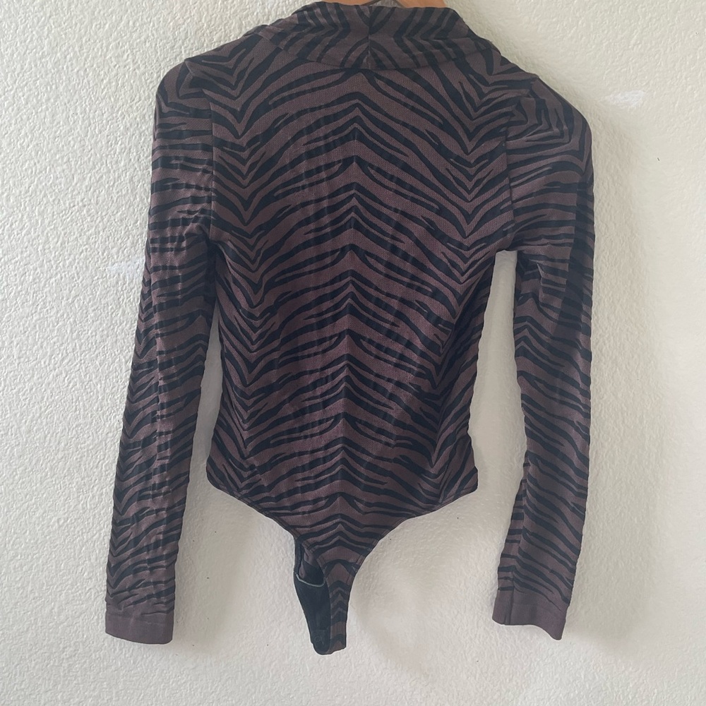 Wolford Black & Brown Tiger Stripe Long Sleeve Thong Bodysuit/ small - Picture 8 of 16